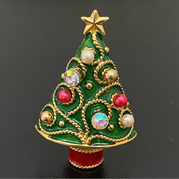 Vintage Unsigned Enamel Christmas Tree w/ 4pairs Of Earrings Holder Brooch Set - Picture 10 of 13
